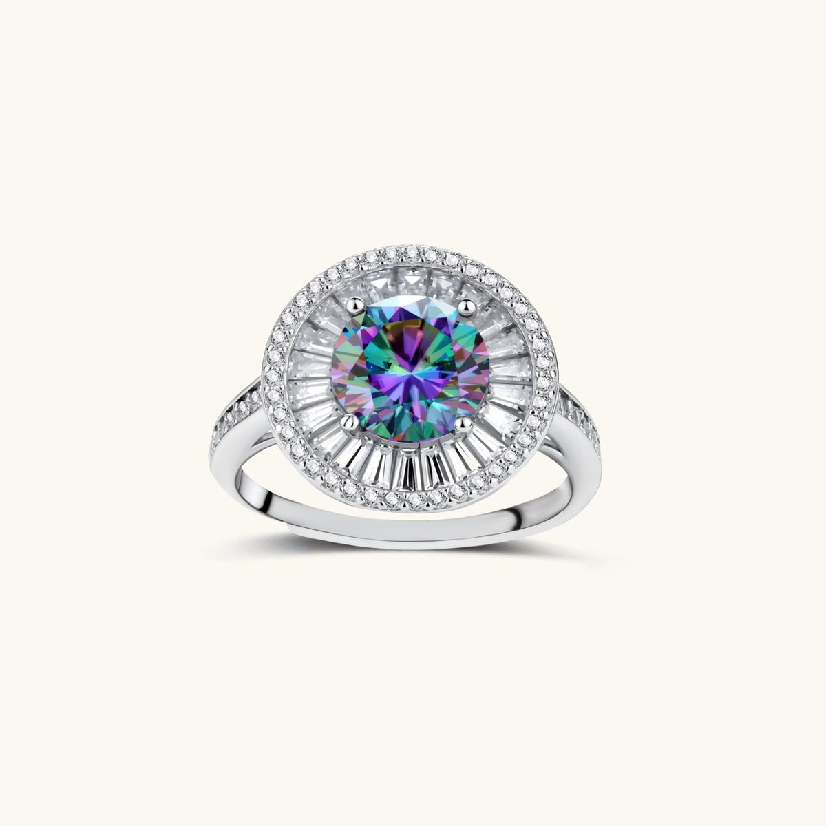 Anointed Garments round cut halo statement ring featuring a iridescent moissanite stone in platinum-plated silver.