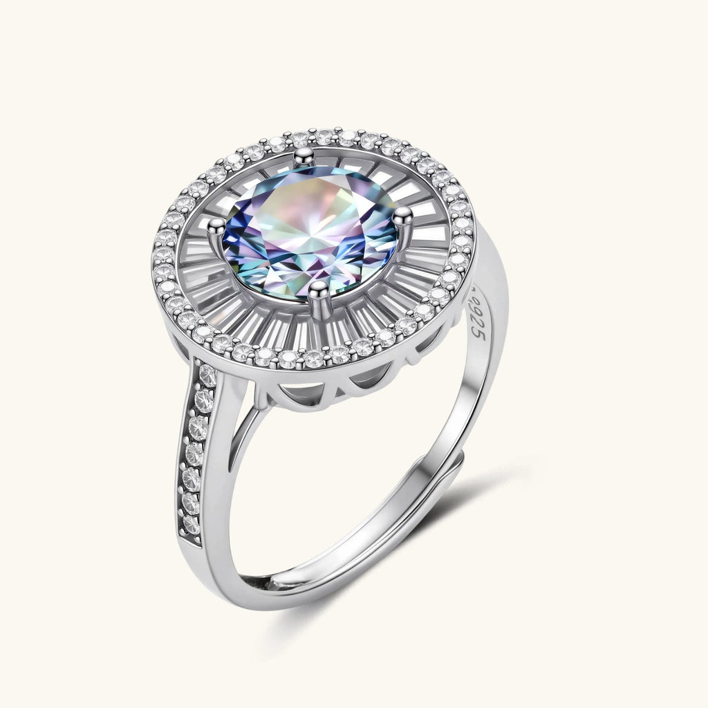 Anointed Garments round cut moissanite halo statement ring in platinum-plated sterling silver with adjustable band.