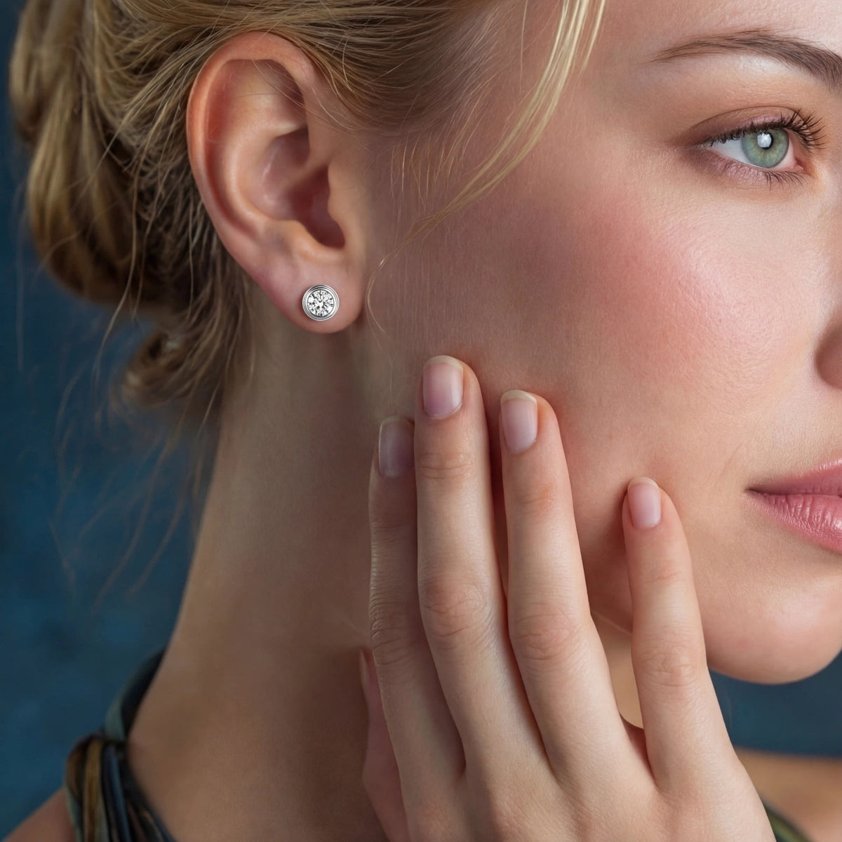 Anointed Garments round moissanite stud earrings in platinum-plated sterling silver worn by a woman.