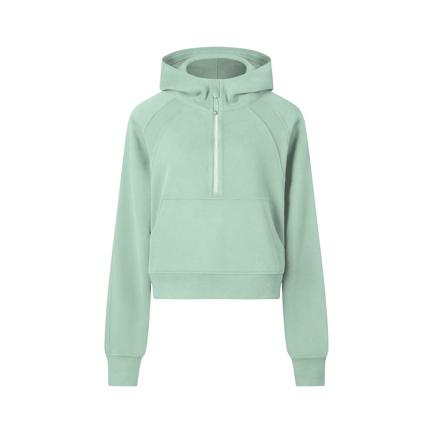 Anointed Garments sage green cropped half-zip pullover hoodie with raglan sleeves and a front kangaroo pocket.