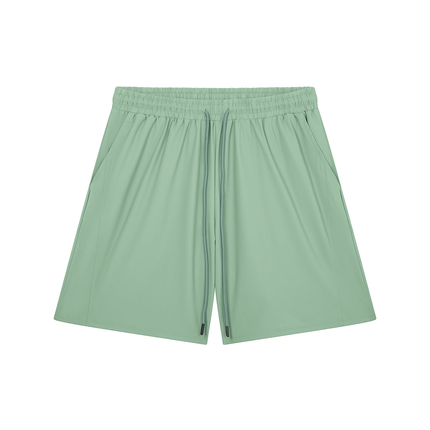 Anointed Garments sage green athletic performance shorts with an elastic drawstring waistband and deep side pockets.