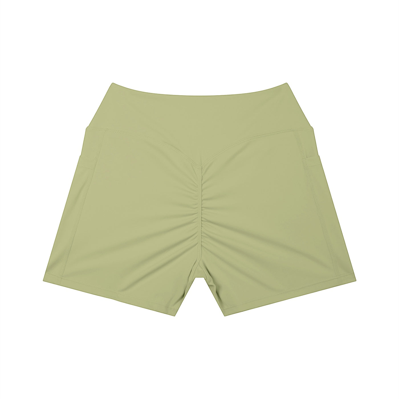 Anointed Garments sage green high-waisted athletic shorts with a ruched back and side pockets for performance.