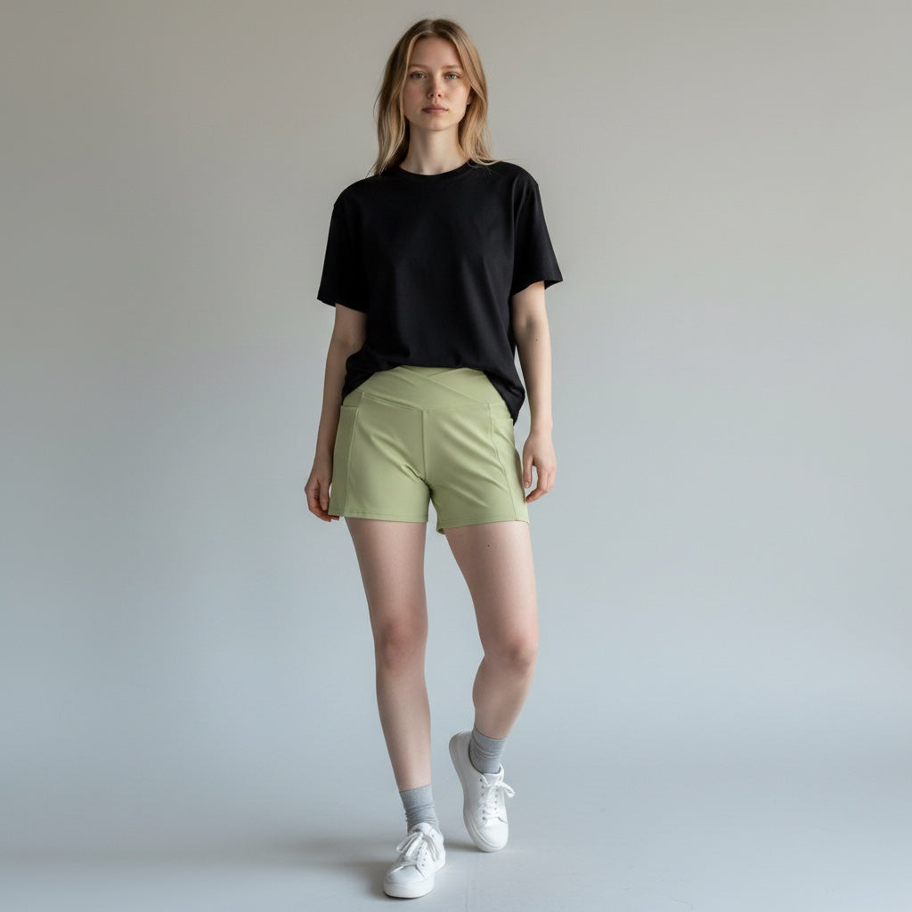 Model wearing Anointed Garments high-waisted sage green athletic shorts with side pockets and a black t-shirt