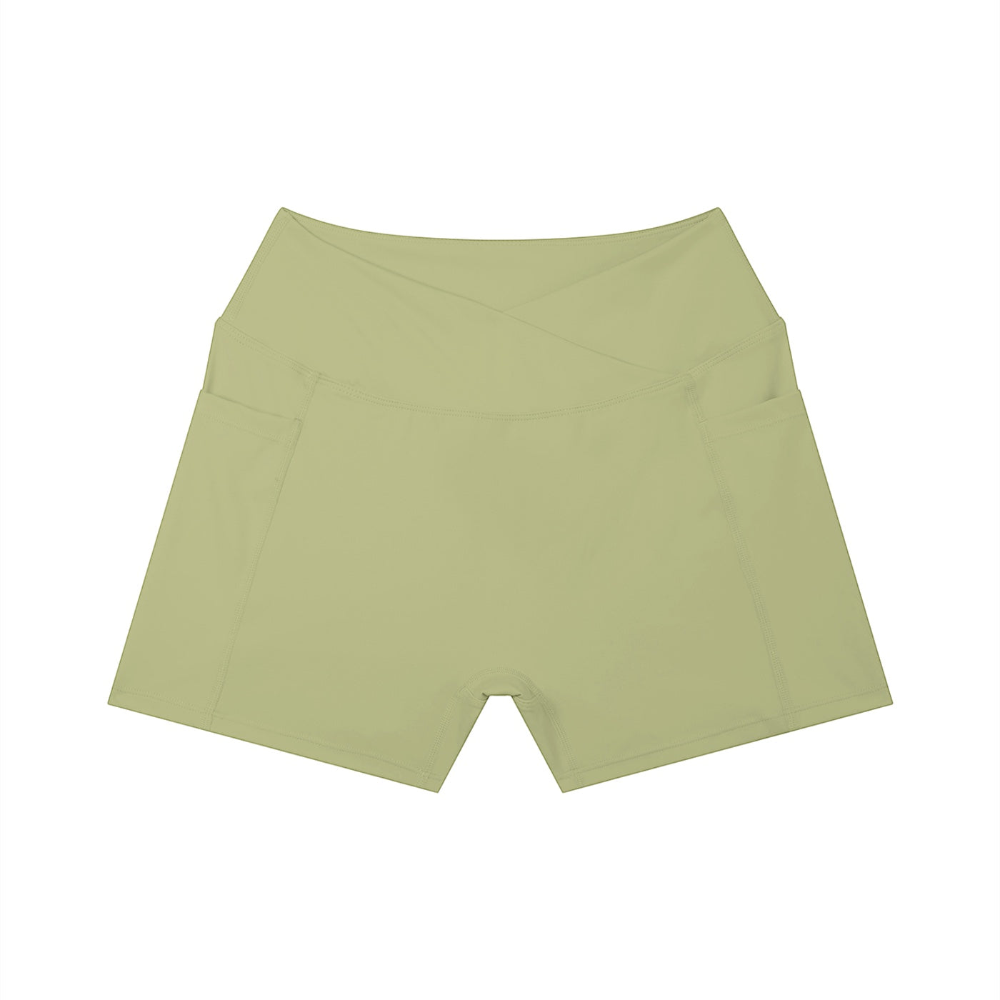 Anointed Garments sage green high-waisted athletic shorts with a crossover waistband and side pockets.