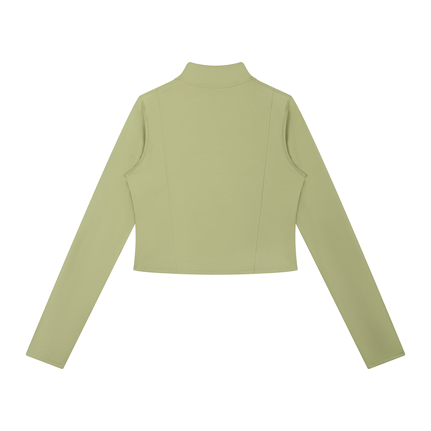 Back view of Anointed Garments sage green cropped long sleeve mock neck zip up jacket in high-stretch athletic fabric.