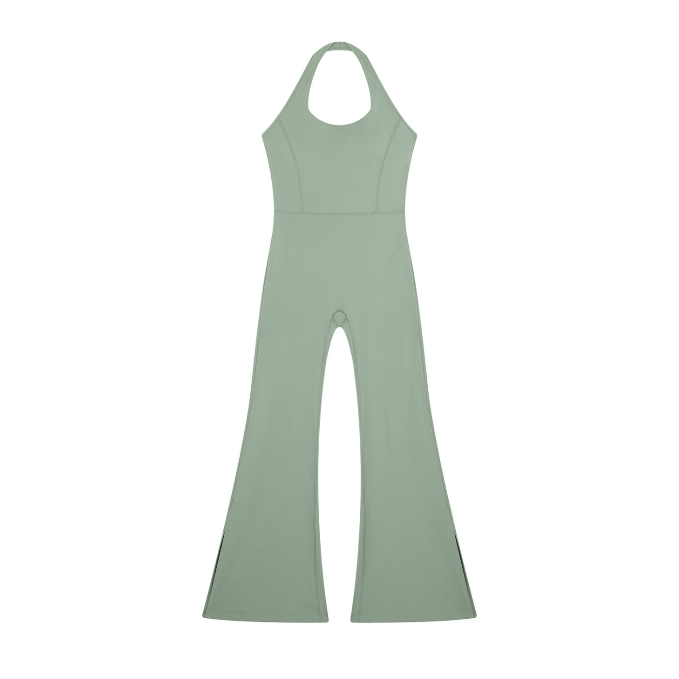 Anointed Garments sage green sleeveless halter neck jumpsuit with a fitted bodice and flared legs in stretch fabric.