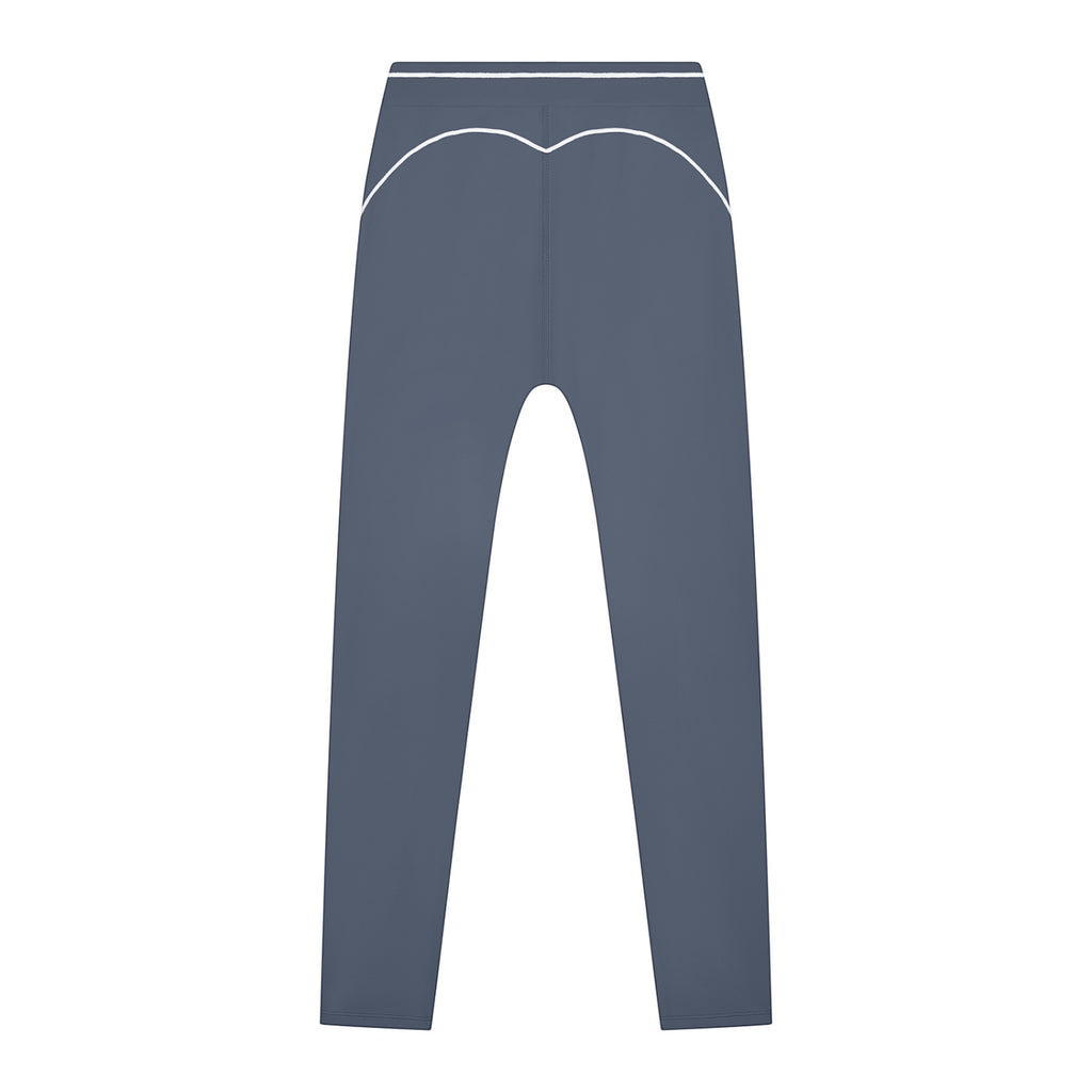 Anointed Garments high-waisted athletic leggings in slate blue with white contrast piping detail on the back