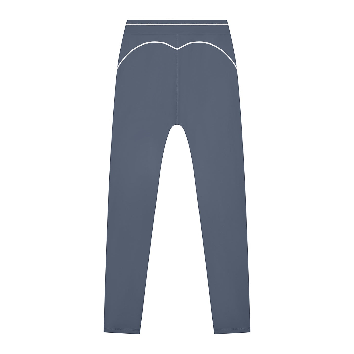 Anointed Garments high-waisted athletic leggings in slate blue with white contrast piping detail on the back