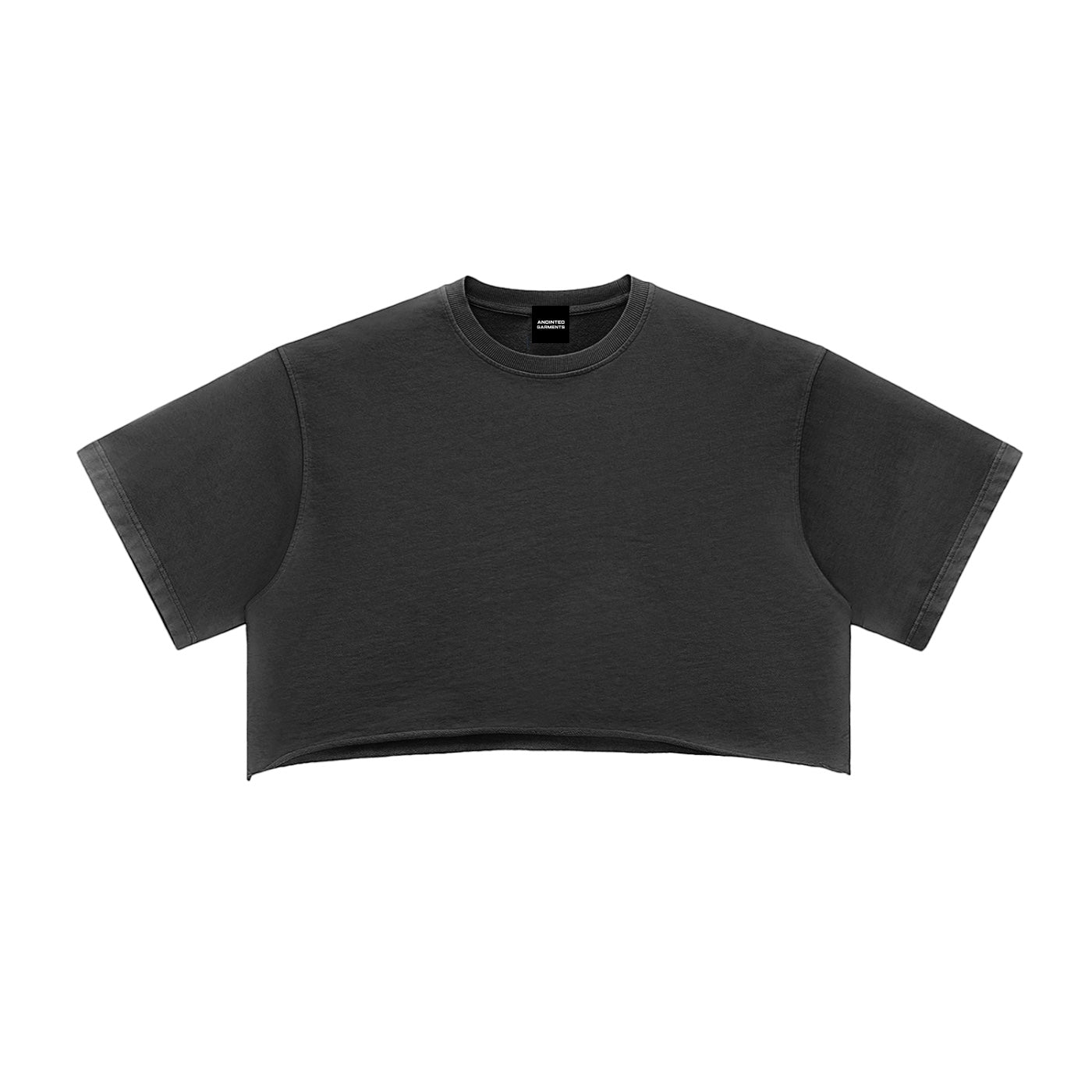 Anointed Garments snow washed black cotton crop top with a round neck, drop shoulders, and raw edge hem.