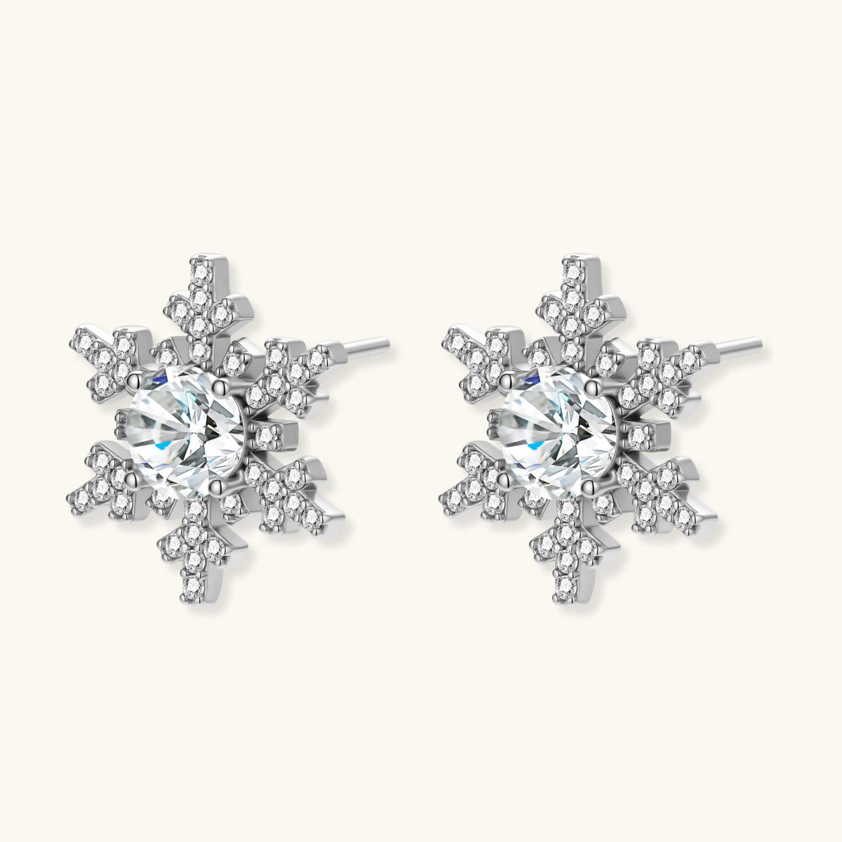 Anointed Garments Winter Spark Studs featuring round-cut moissanite in a platinum-plated sterling silver snowflake design.