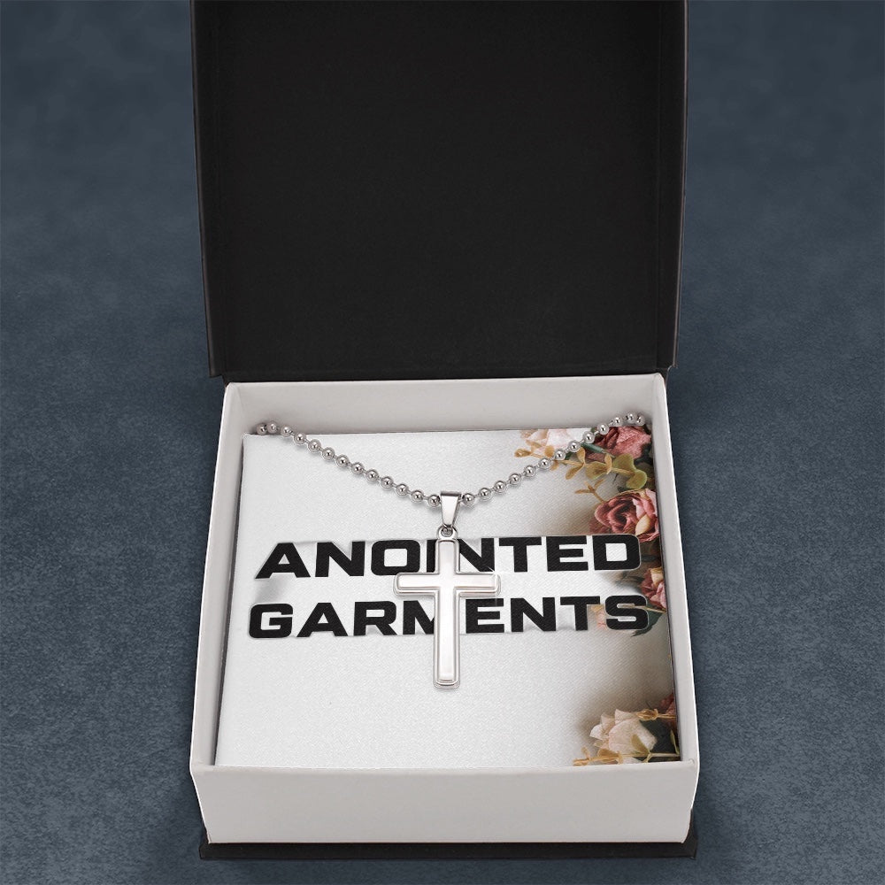 Anointed Garments stainless steel cross pendant necklace on a ball chain inside an elegant branded gift box