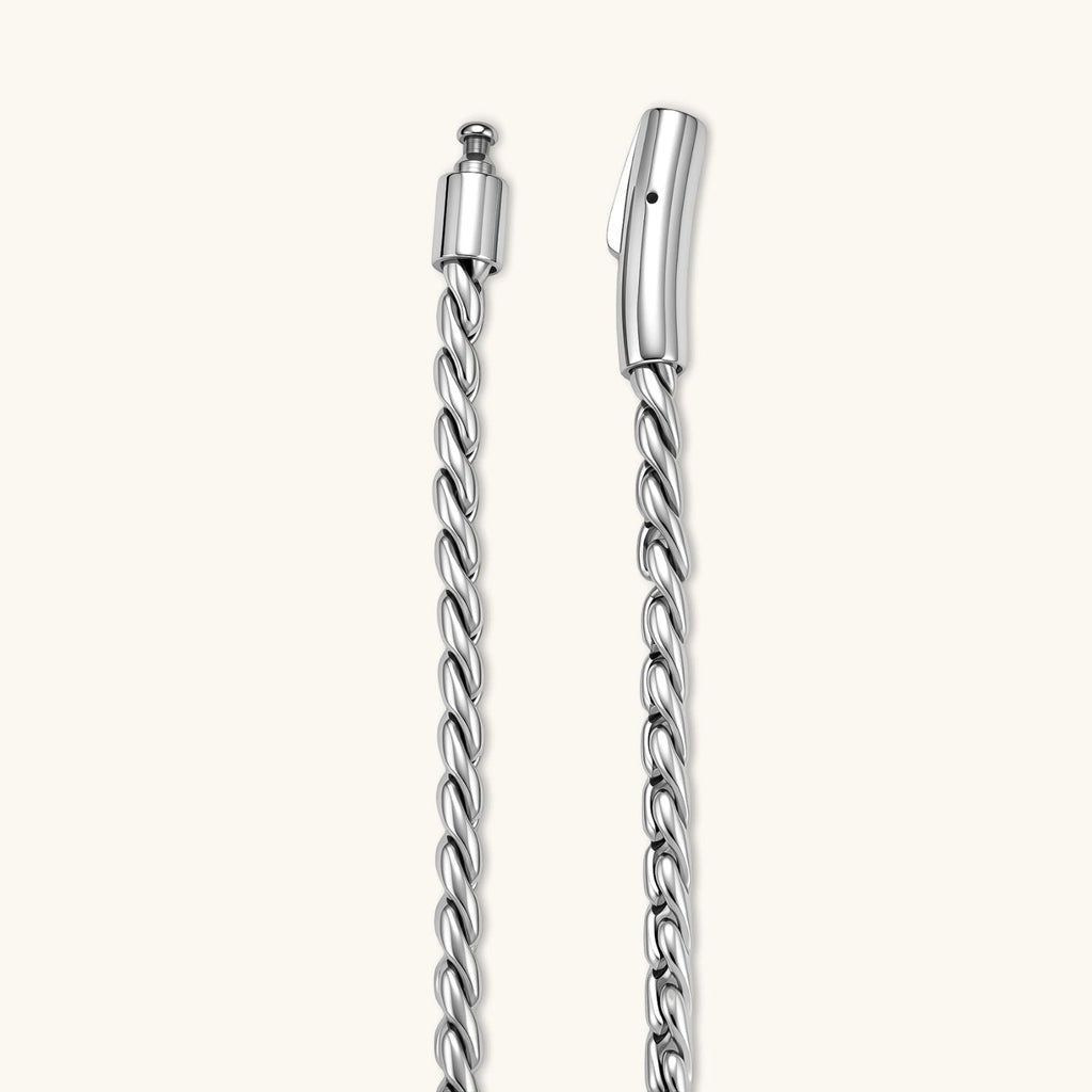 Anointed Garments polished stainless steel twisted rope chain with a secure clasp closure against a neutral background