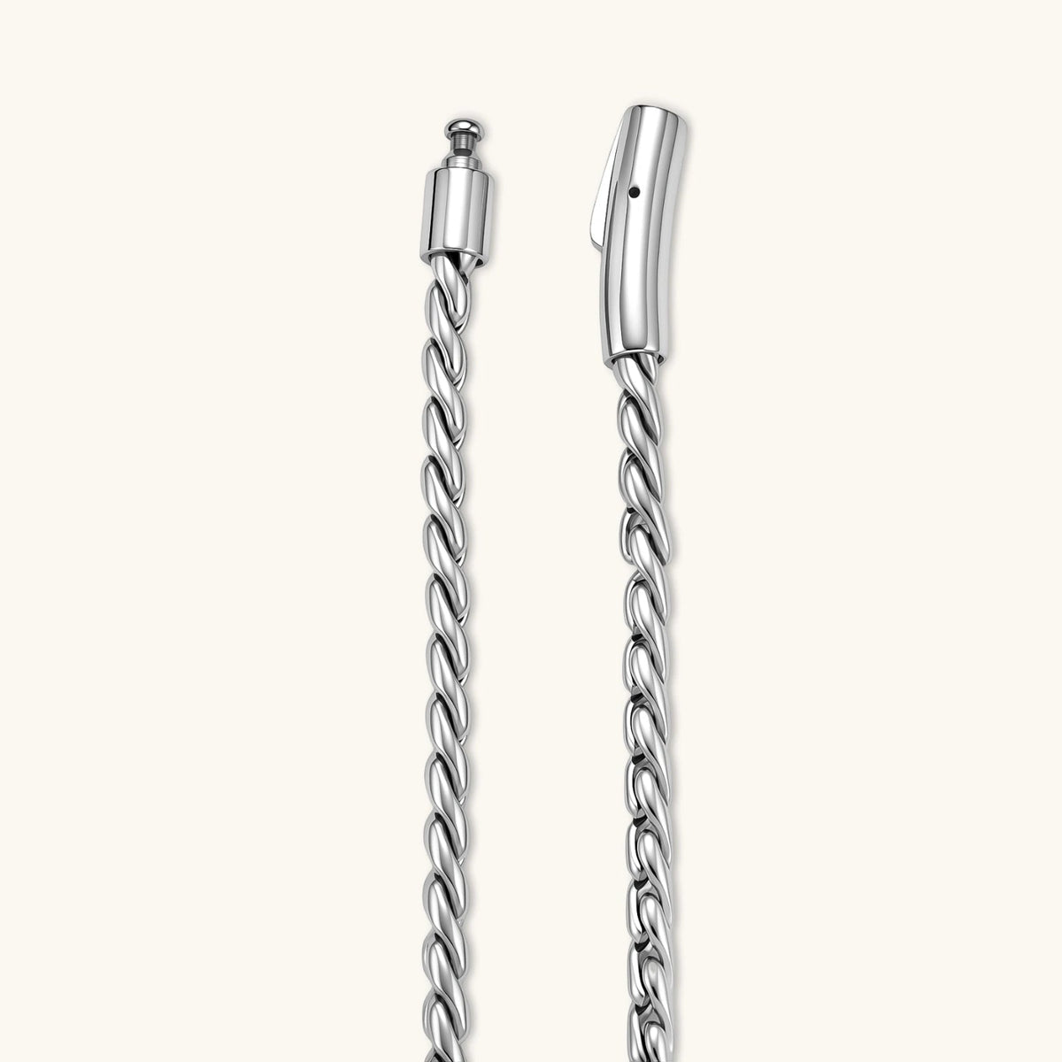 Anointed Garments polished stainless steel twisted rope chain with a secure clasp closure against a neutral background