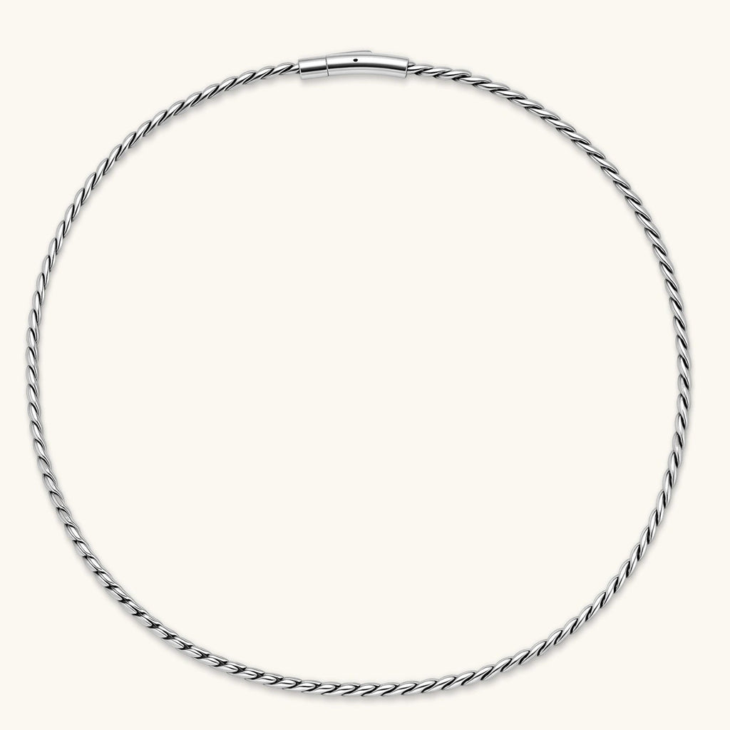 Anointed Garments polished stainless steel twisted rope chain necklace with a secure clasp on a light background.