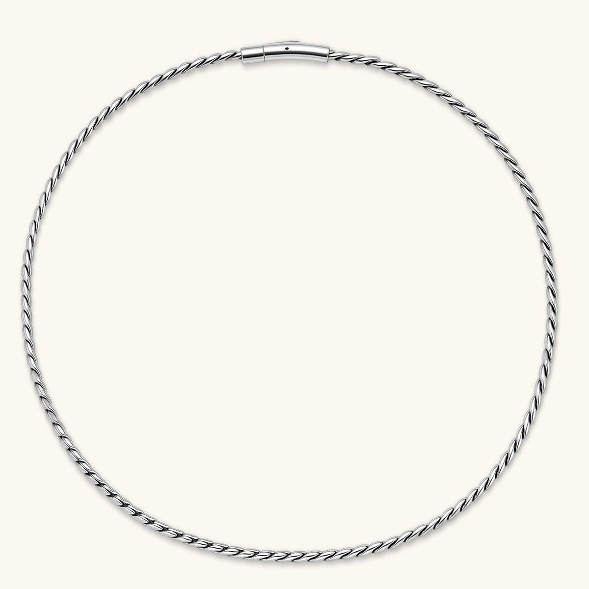 Anointed Garments polished stainless steel twisted rope chain necklace with a secure clasp on a light background.