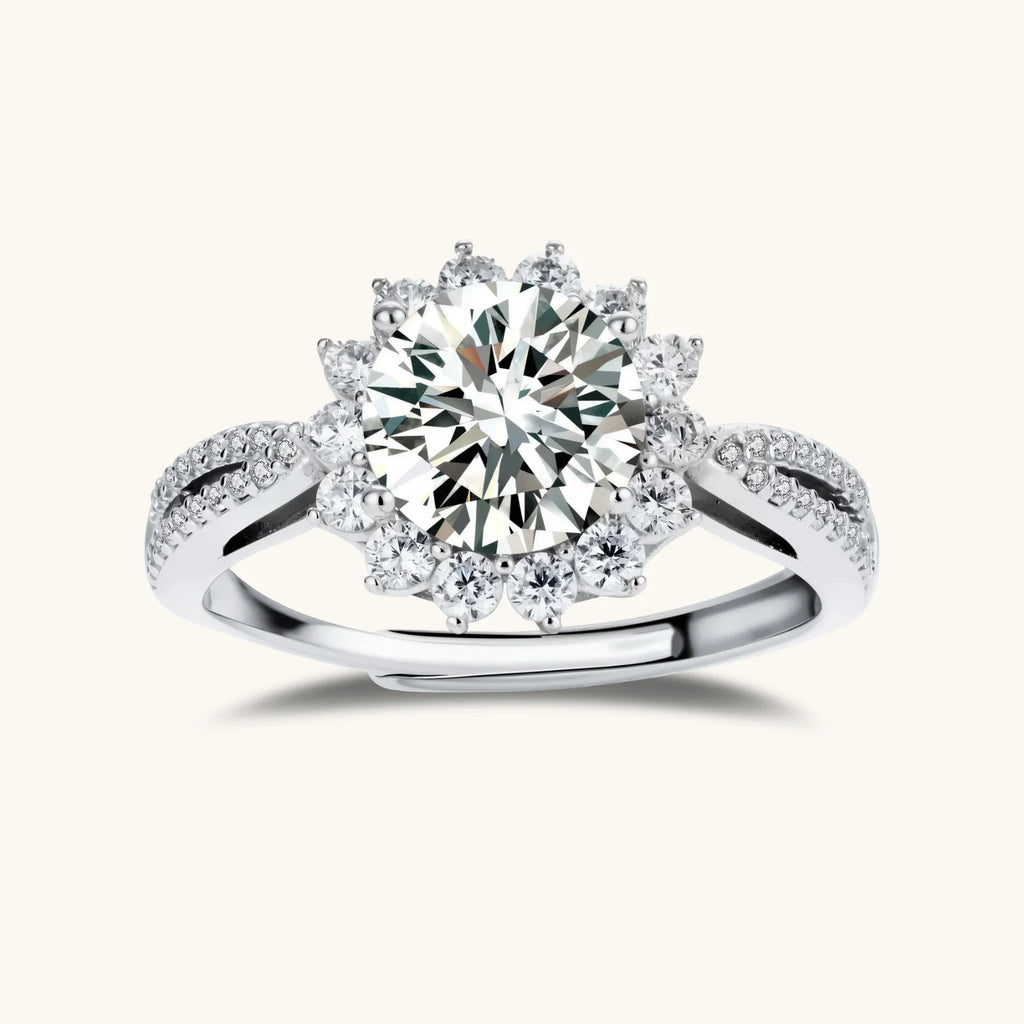 Anointed Garments Stellar Halo moissanite ring in platinum-plated sterling silver with a 2-carat round-cut stone.