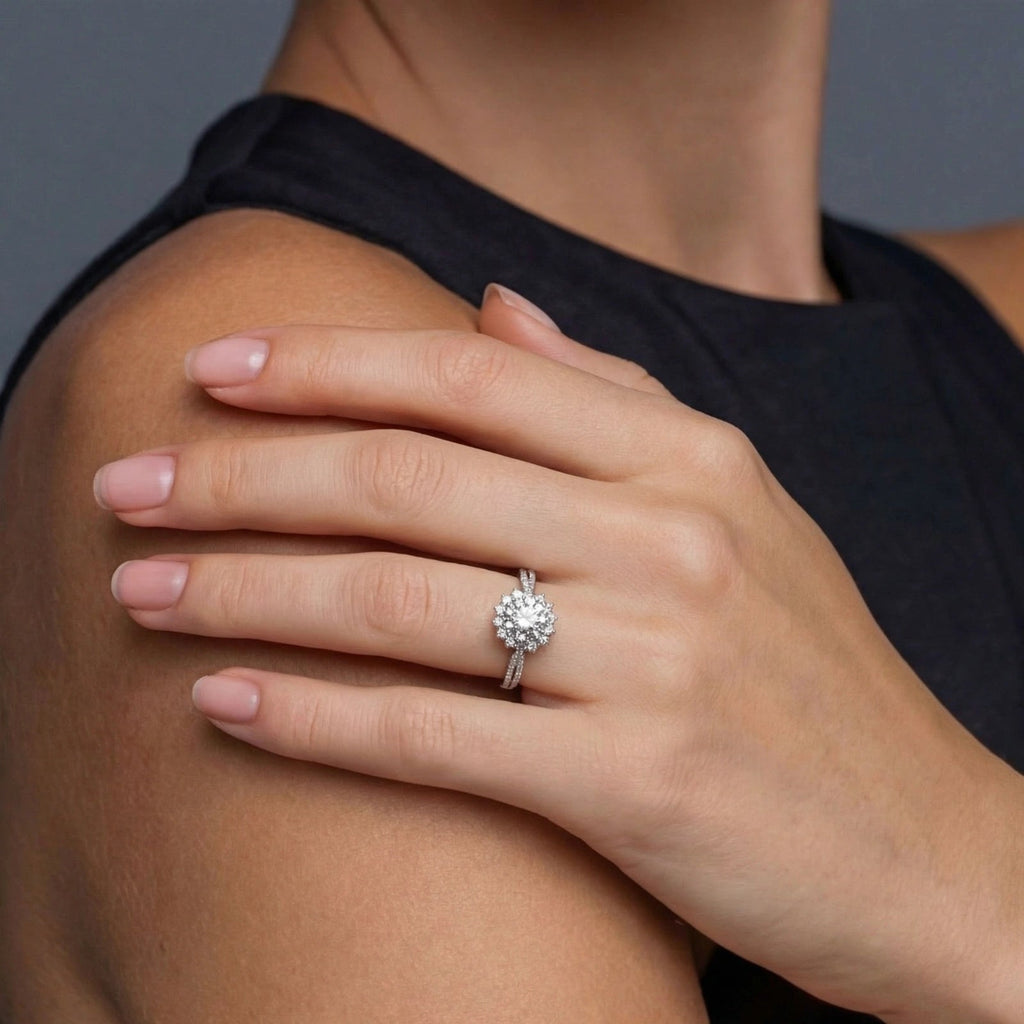 Anointed Garments Stellar Halo moissanite ring with a 2-carat round stone on a platinum-plated sterling silver band.