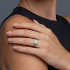 Anointed Garments Stellar Halo moissanite ring with a 2-carat round stone on a platinum-plated sterling silver band.