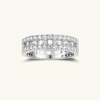 Anointed Garments Stellar Row moissanite ring featuring three rows of VVS1 stones on a platinum-plated silver band.