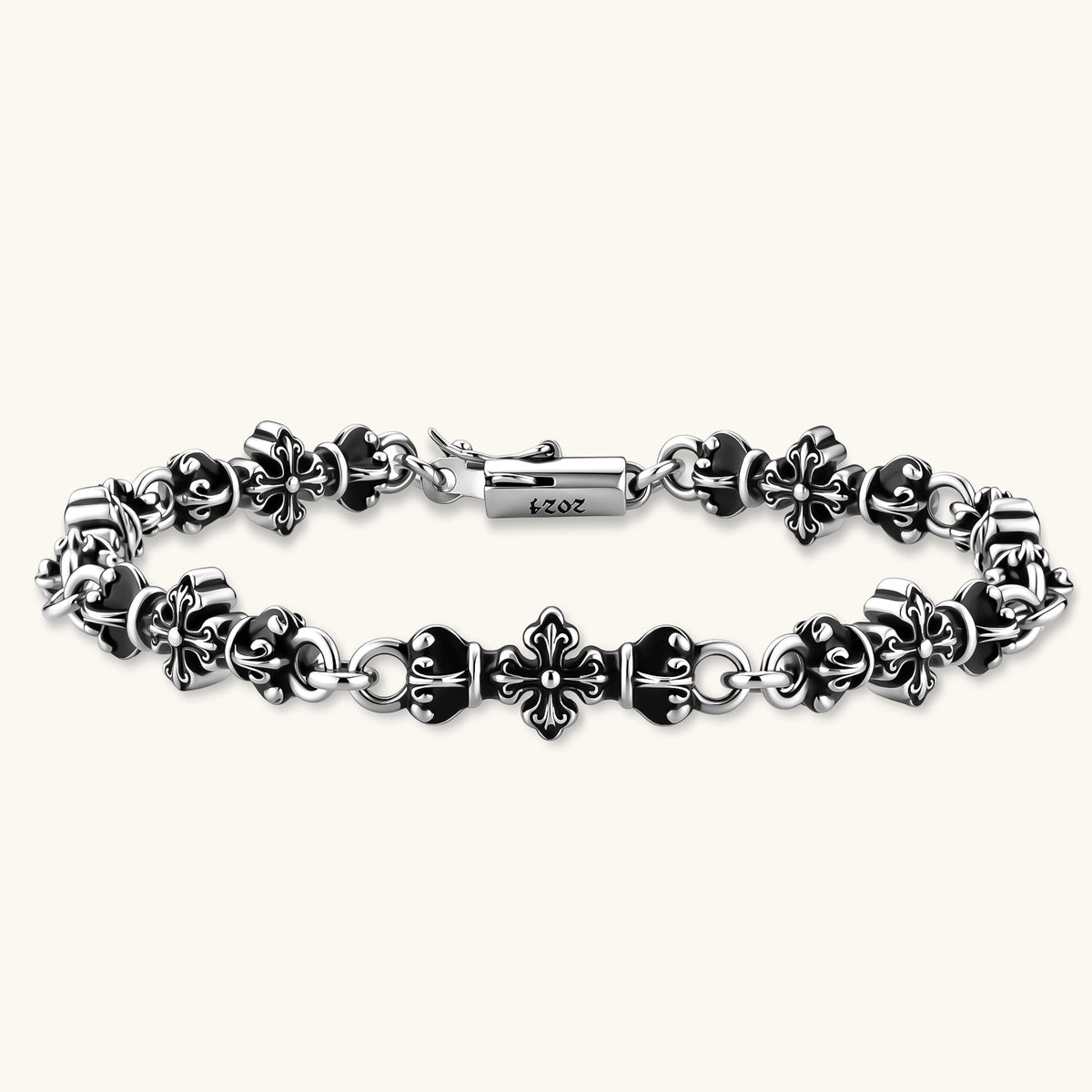 Anointed Garments sterling silver cross relic bracelet with a dark oxidized finish and intricate gothic link design.