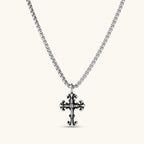 Anointed Garments sterling silver gothic cross pendant with crystal pavé accents and an oxidized finish on a chain.