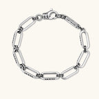 Anointed Garments sterling silver bar-link bracelet with engraved Gothic script detailing and a lobster clasp.