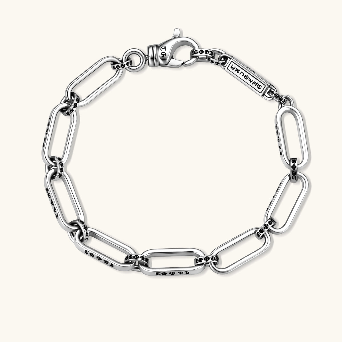 Anointed Garments sterling silver bar-link bracelet with engraved Gothic script detailing and a lobster clasp.
