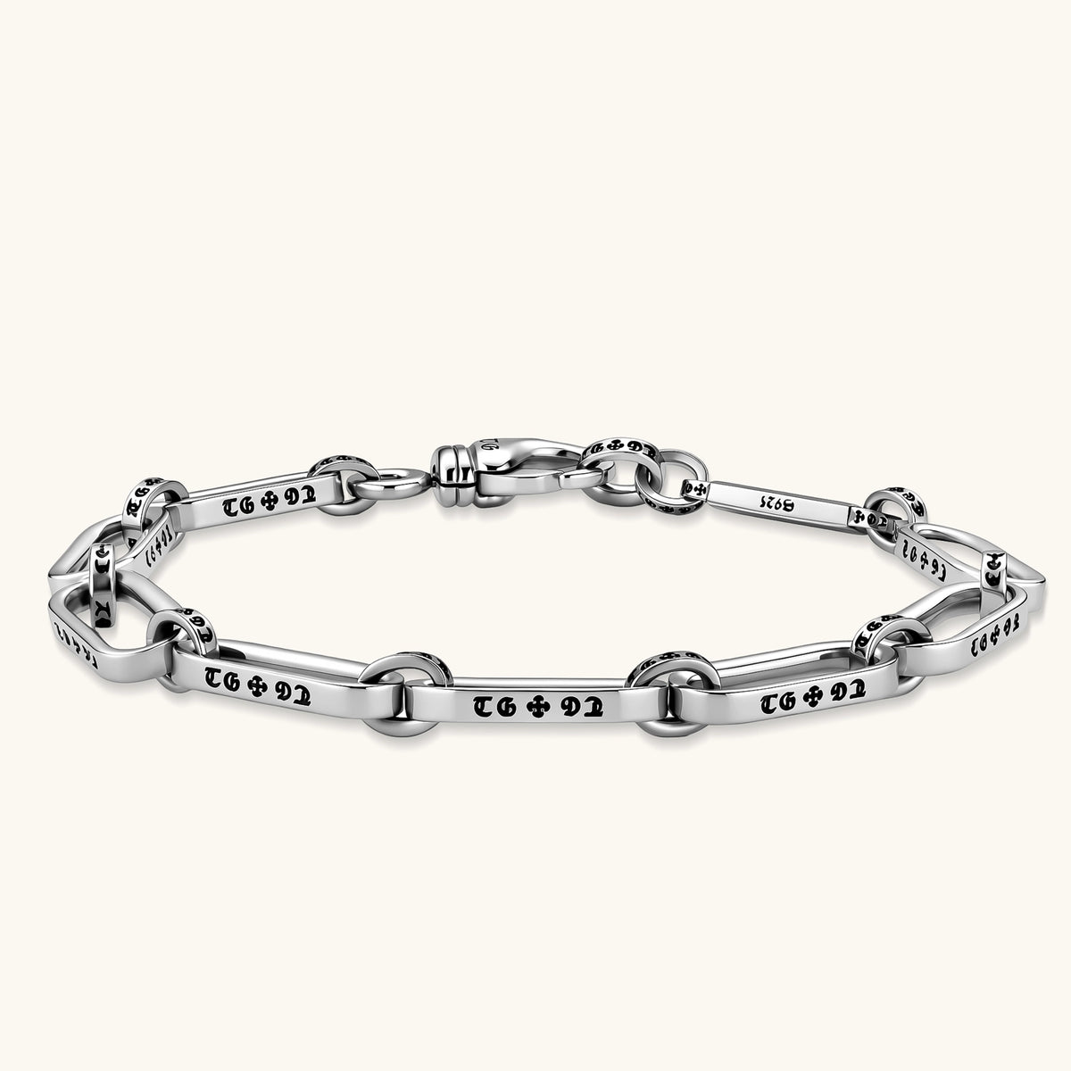 Anointed Garments sterling silver grunge link bracelet with engraved Gothic script and polished finish.