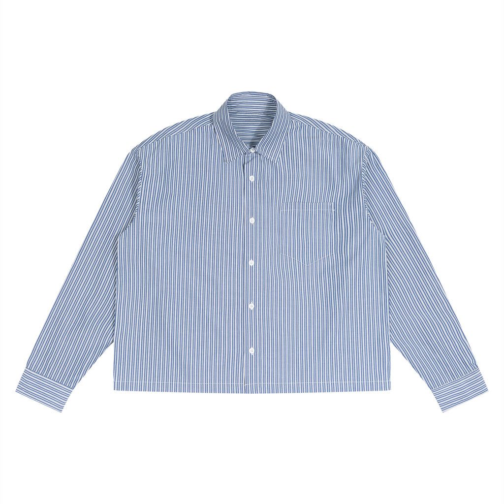 Anointed Garments unisex long sleeve shirt in a blue and white striped pattern with a relaxed boxy fit and patch pocket.