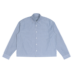 Anointed Garments unisex long sleeve shirt in a blue and white striped pattern with a relaxed boxy fit and patch pocket.