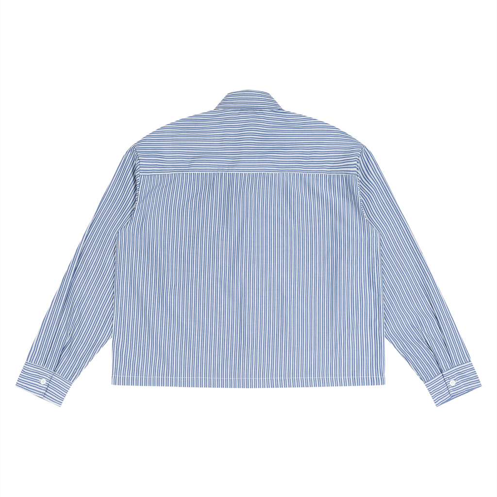 Back view of Anointed Garments unisex long sleeve shirt in a blue and white striped lightweight woven fabric.