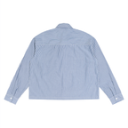 Back view of Anointed Garments unisex long sleeve shirt in a blue and white striped lightweight woven fabric.
