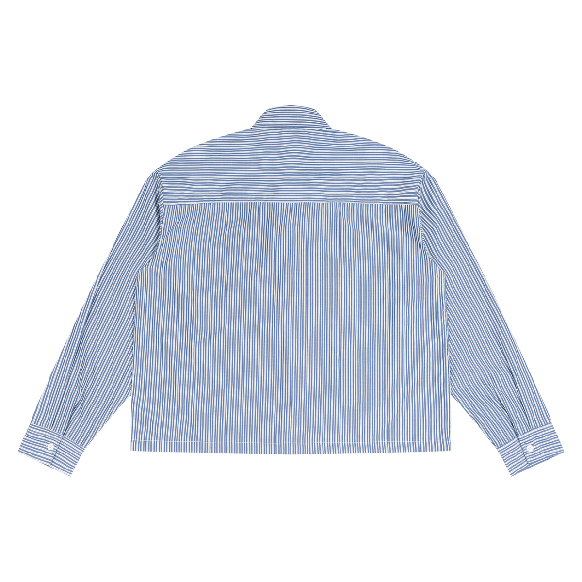 Back view of Anointed Garments unisex long sleeve shirt in a blue and white striped lightweight woven fabric.