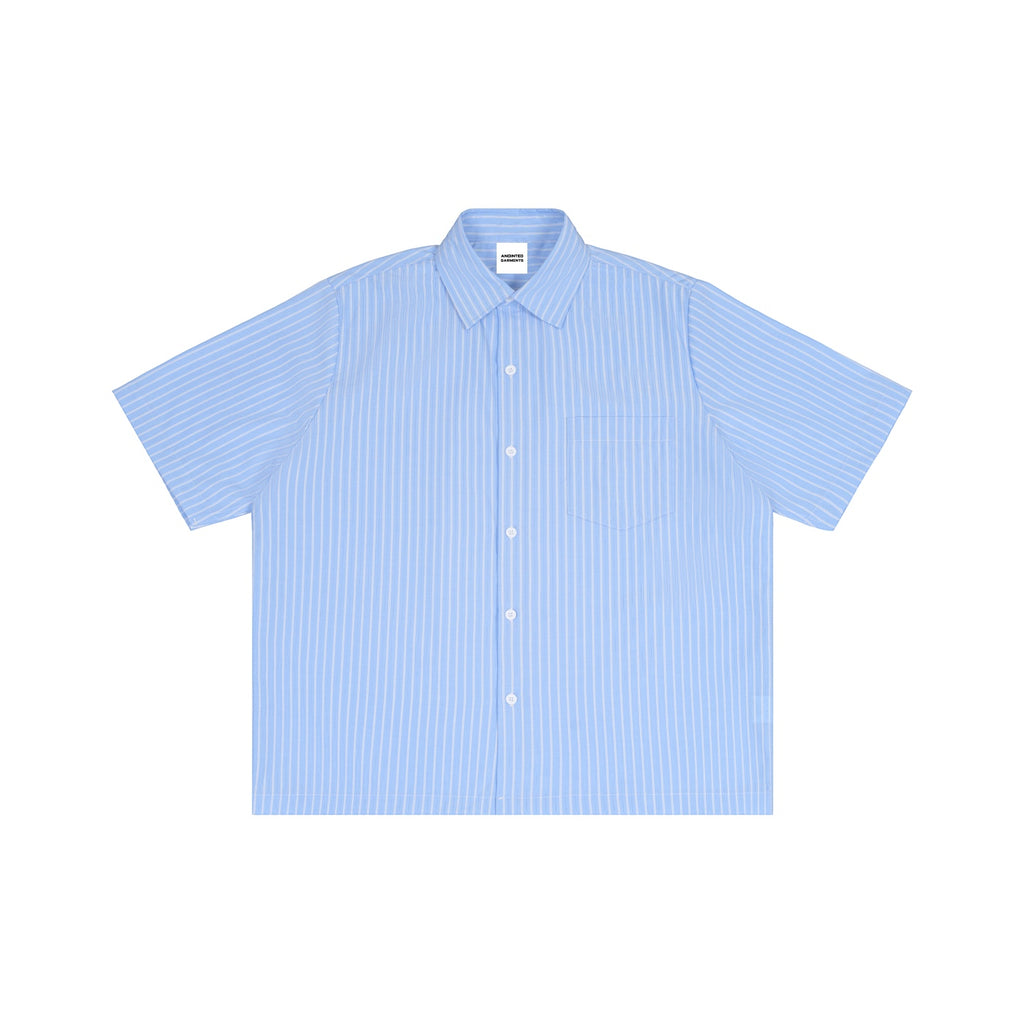 Anointed Garments light blue and white striped boxy short sleeve button-down shirt with a chest pocket.