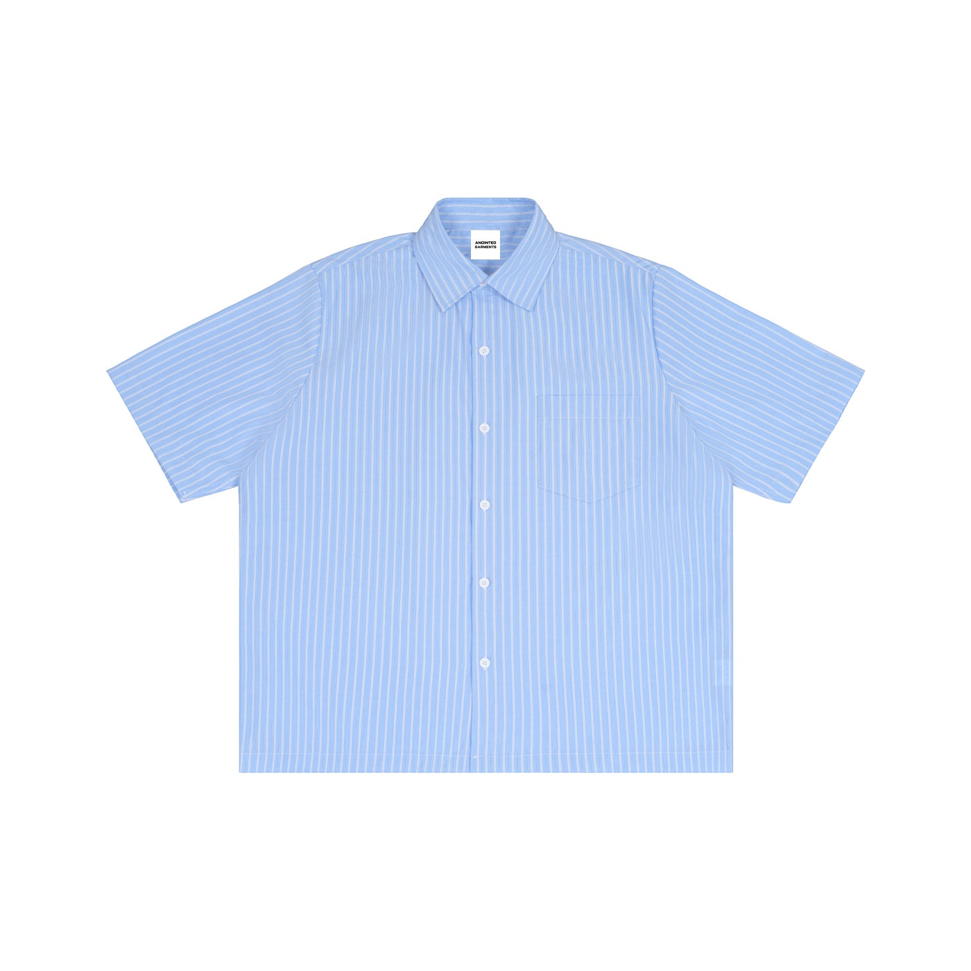 Anointed Garments light blue and white striped boxy short sleeve button-down shirt with a chest pocket.