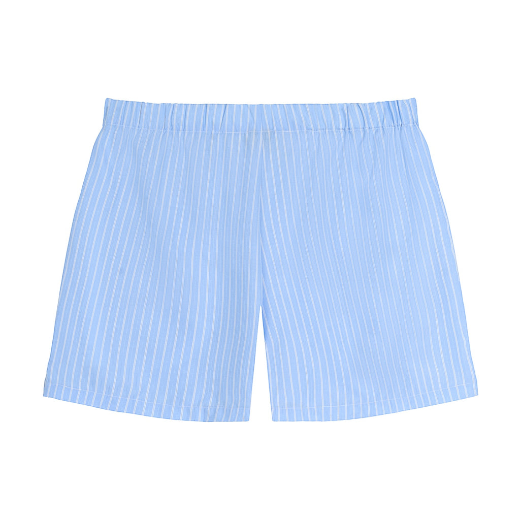 Anointed Garments light blue and white striped casual shorts with an elastic waistband in a lightweight fabric.