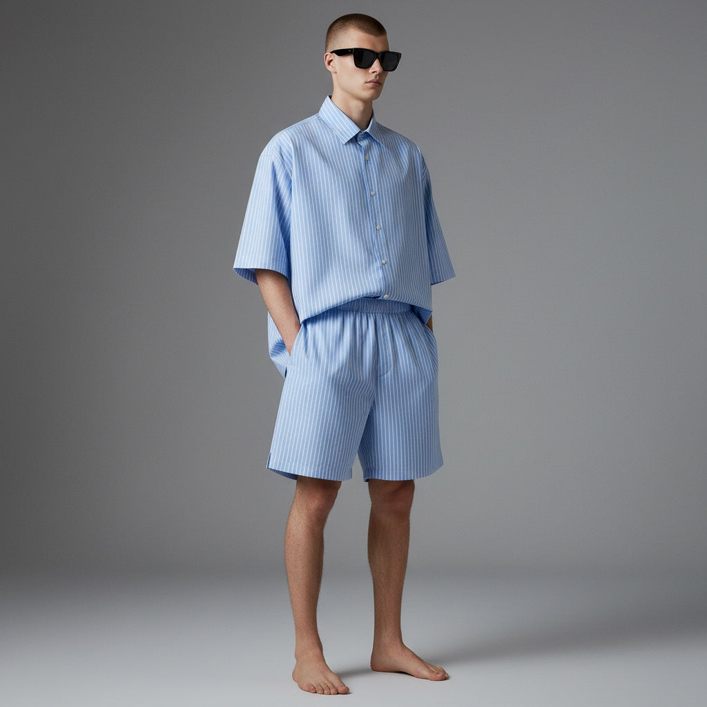 Anointed Garments men wearing light blue and white vertical striped lounge shorts with an elastic waist and side pockets