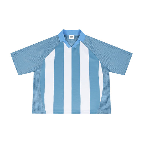 Anointed Garments unisex light blue and white striped mesh soccer jersey with a V-neck collar and raglan sleeves.
