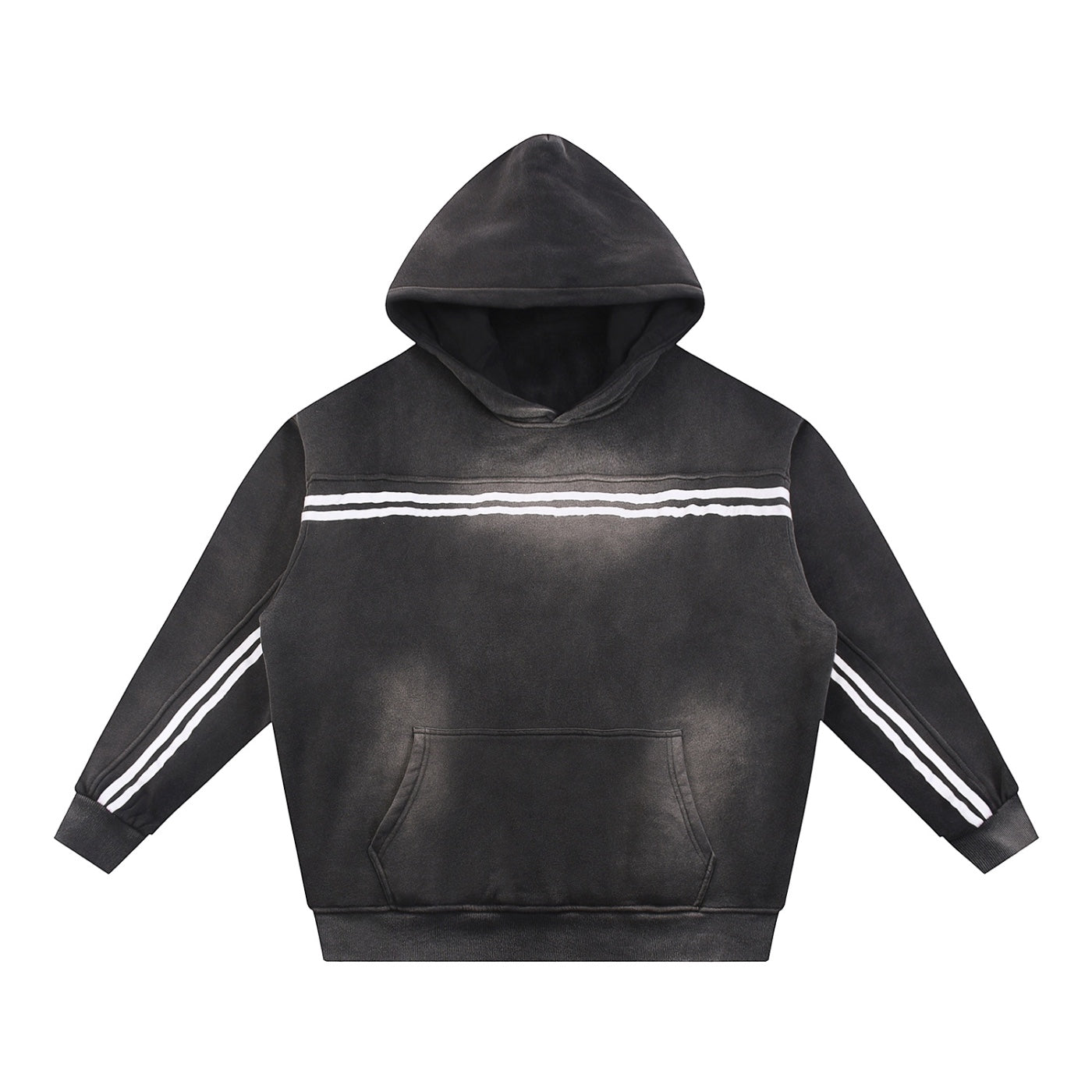 Anointed Garments unisex black fleece hoodie with sun-faded effect, drop shoulders, and white contrast sleeve tape.
