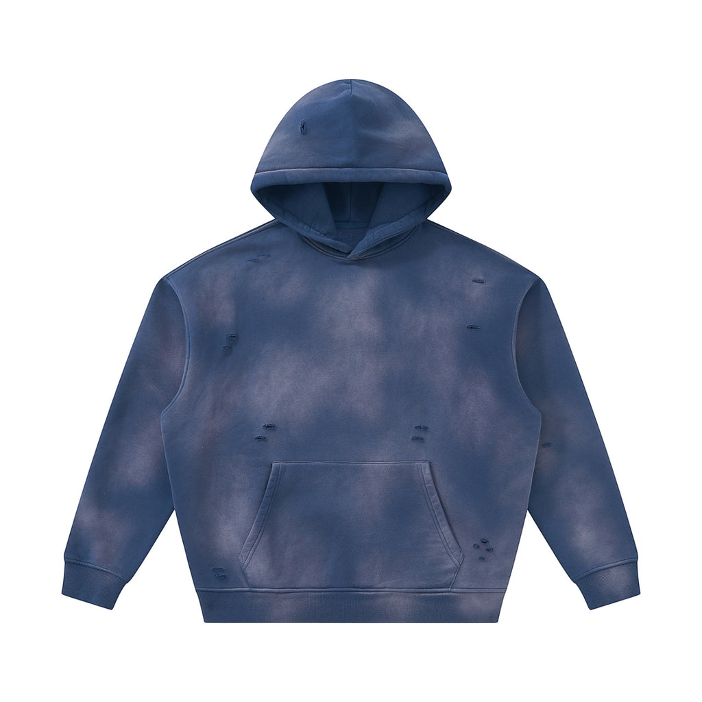 Anointed Garments unisex sunfade blue fleece hoodie with a vintage washed finish, frayed detailing, and front pocket.