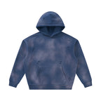 Anointed Garments unisex sunfade blue fleece hoodie with a vintage washed finish, frayed detailing, and front pocket.