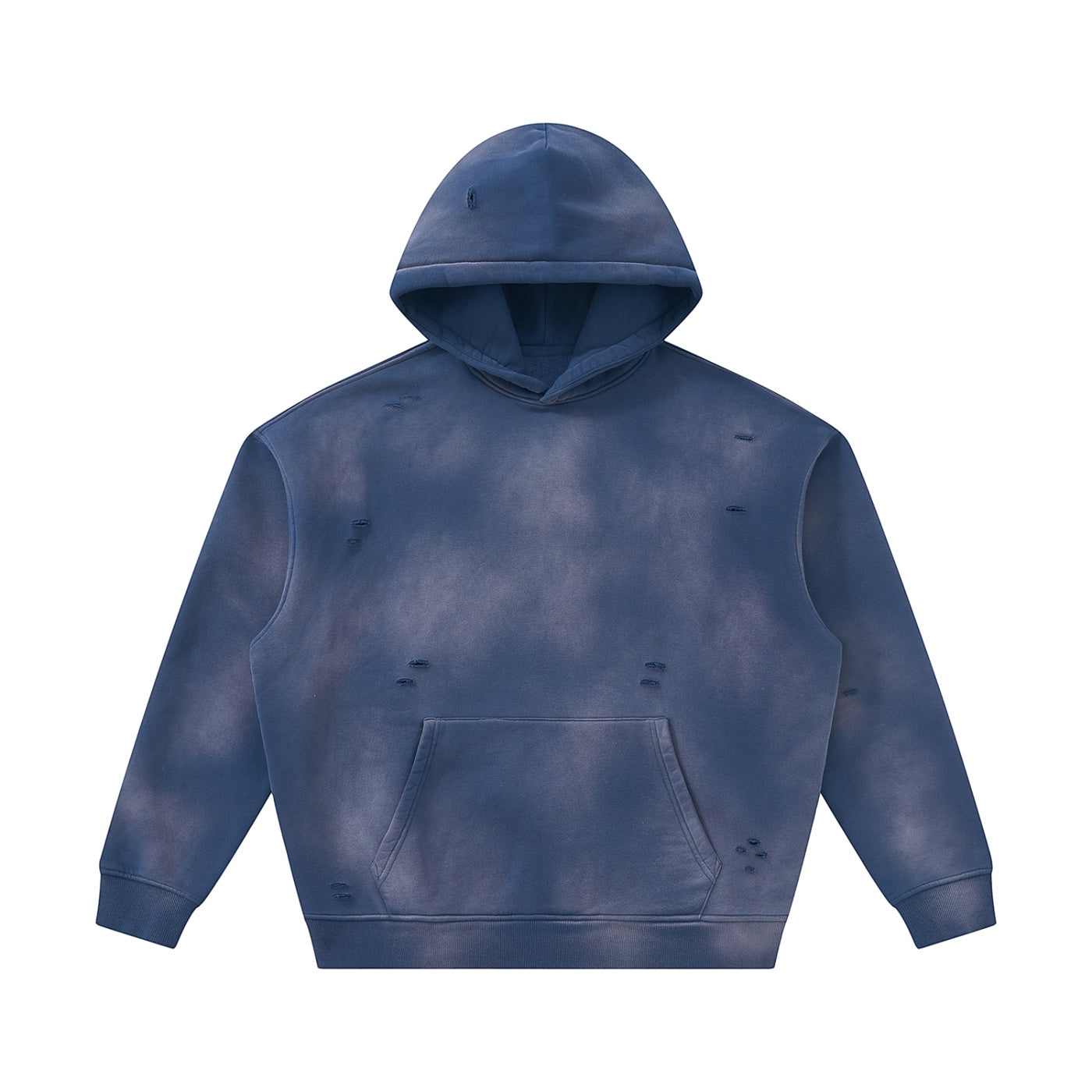 Anointed Garments unisex sunfade blue fleece hoodie with a vintage washed finish, frayed detailing, and front pocket.