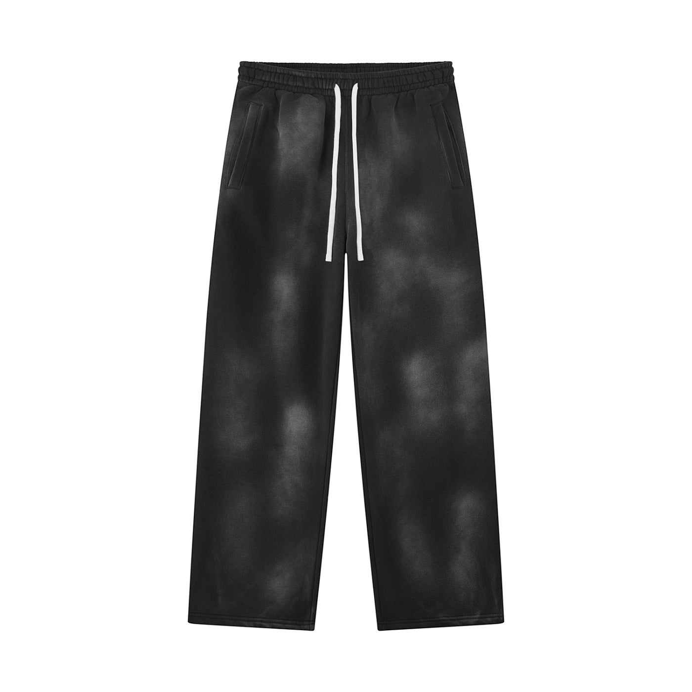 Anointed Garments unisex black sunfade fleece sweatpants with a loose wide-leg fit, elastic drawstring waist, and pockets.
