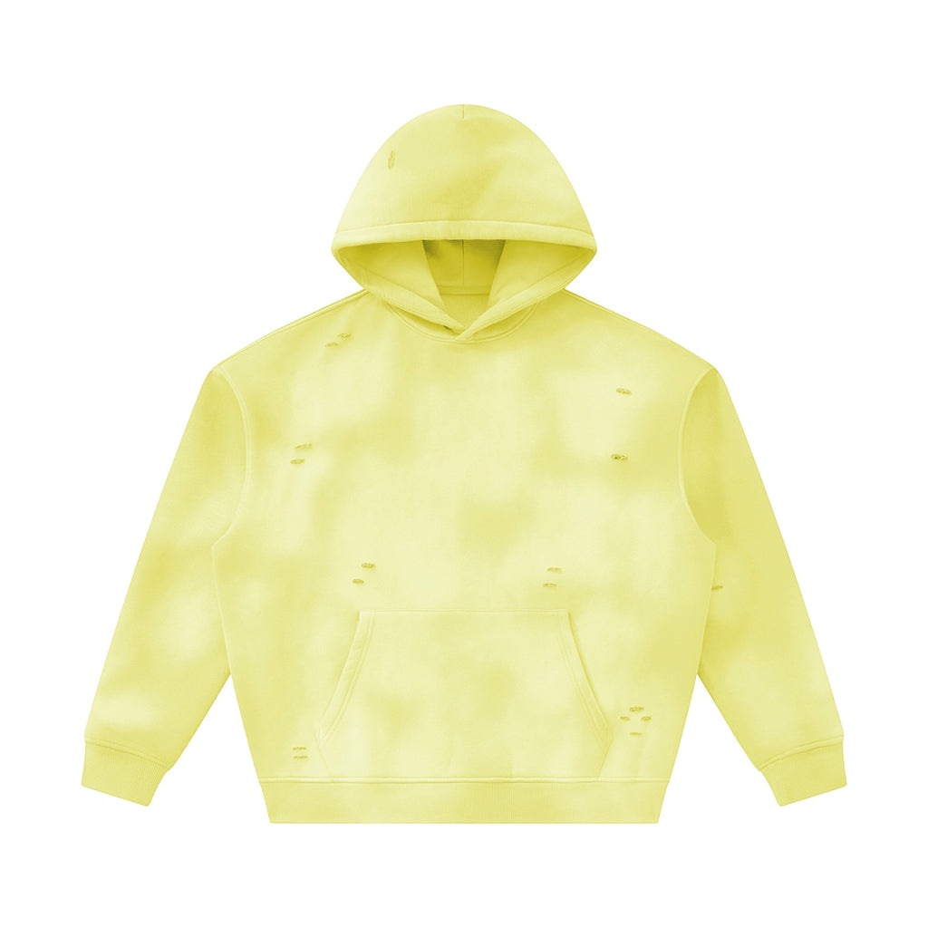 Anointed Garments unisex sunfade yellow fleece hoodie with a distressed frayed finish and front kangaroo pocket.
