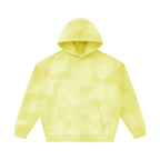 Anointed Garments unisex sunfade yellow fleece hoodie with a distressed frayed finish and front kangaroo pocket.