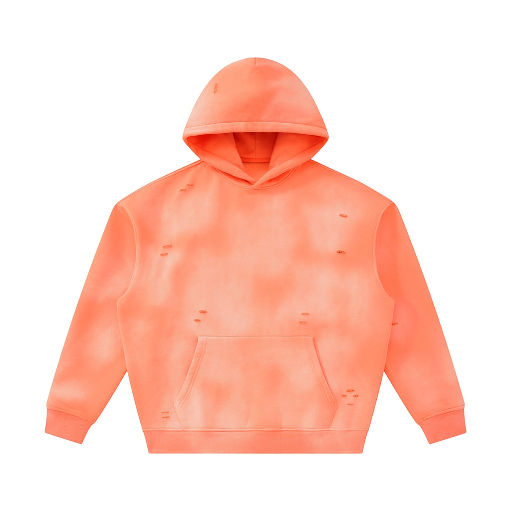 Anointed Garments unisex sunfade orange fleece hoodie with a vintage distressed frayed finish and front pocket.
