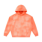 Anointed Garments unisex sunfade orange fleece hoodie with a vintage distressed frayed finish and front pocket.