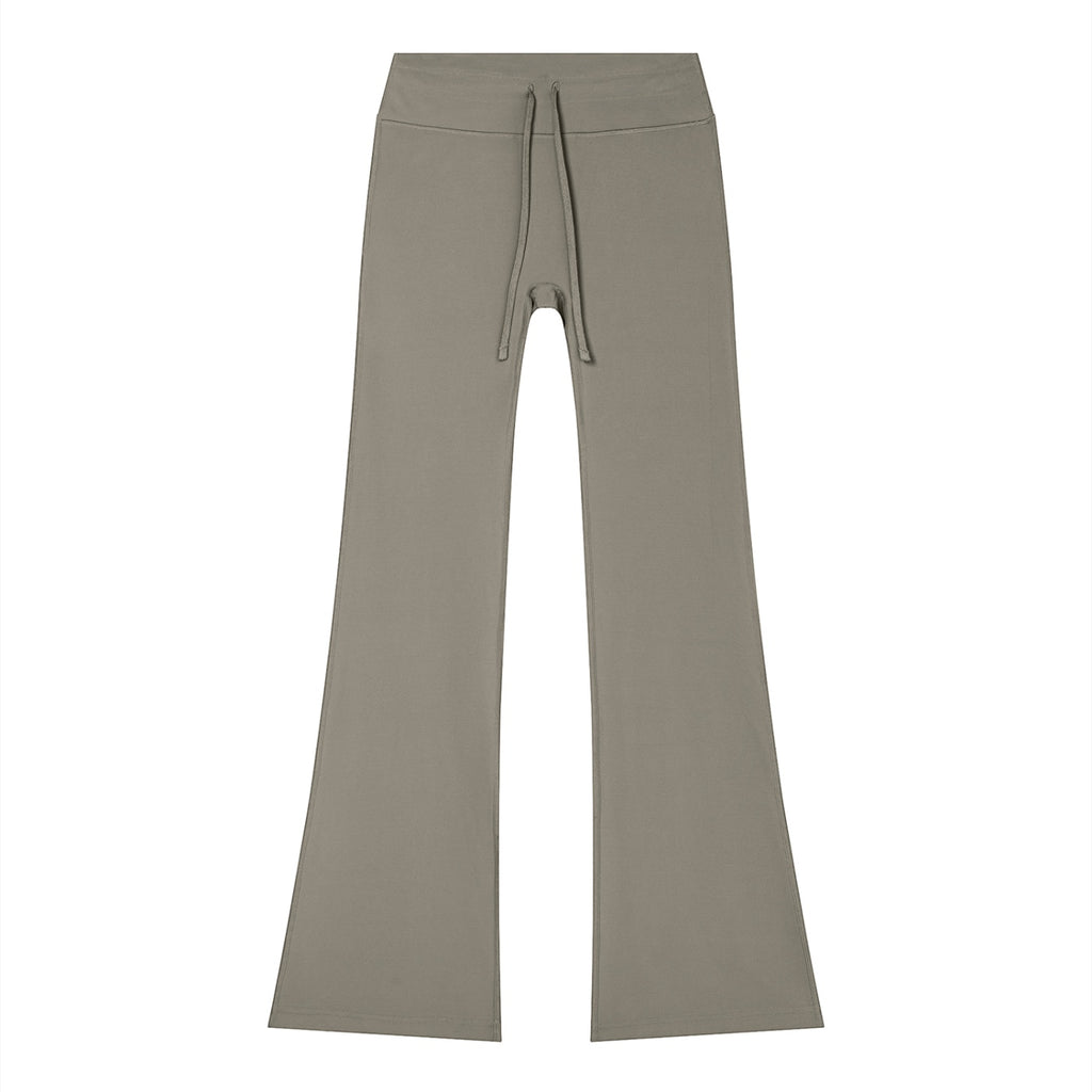 Anointed Garments women's taupe flare leg lounge pants with a high-rise drawstring waistband in soft nylon-spandex blend.