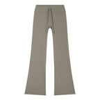 Anointed Garments women's taupe flare leg lounge pants with a high-rise drawstring waistband in soft nylon-spandex blend.