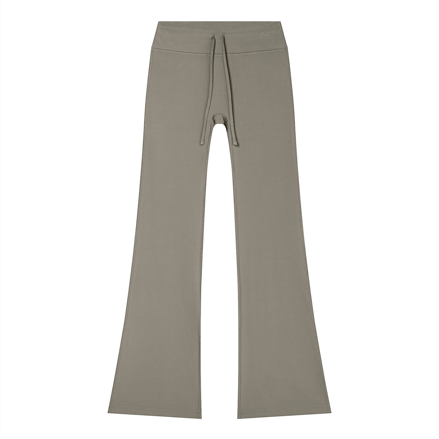 Anointed Garments women's taupe flare leg lounge pants with a high-rise drawstring waistband in soft nylon-spandex blend.